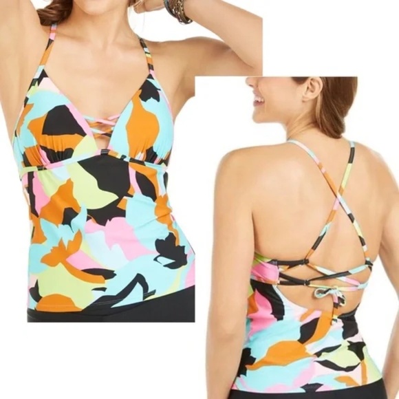 Hula Honey Colorful Geometric Camo Strappy V-Neck Tankini Top - Size S (Juniors) - Picture 1 of 11